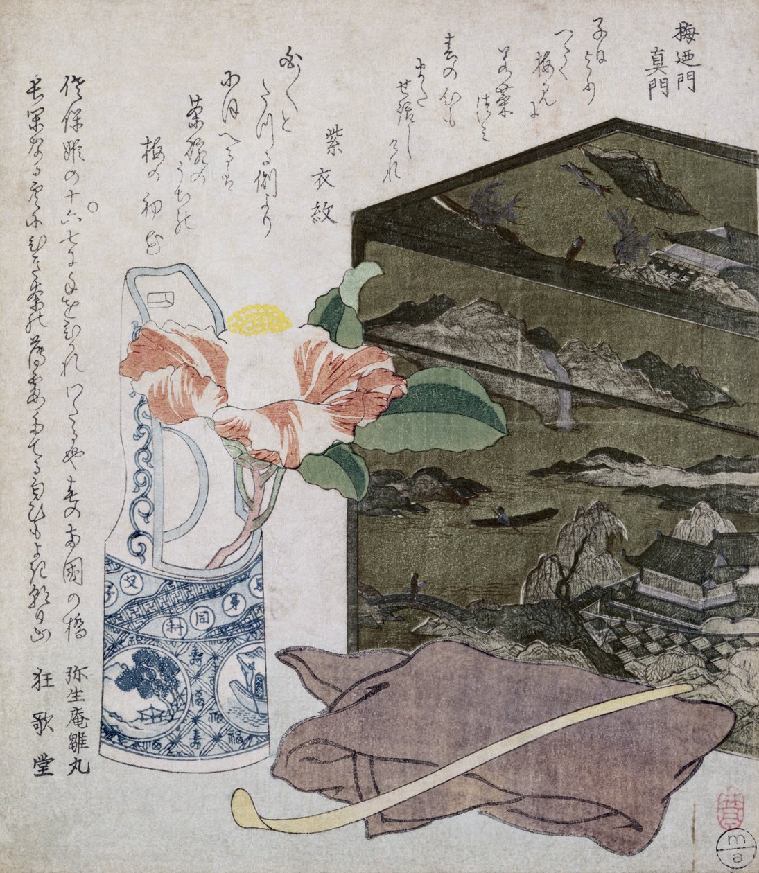 Camelia ile Natürmort, c.1820 (renkli tahta baskı) by Japanese School