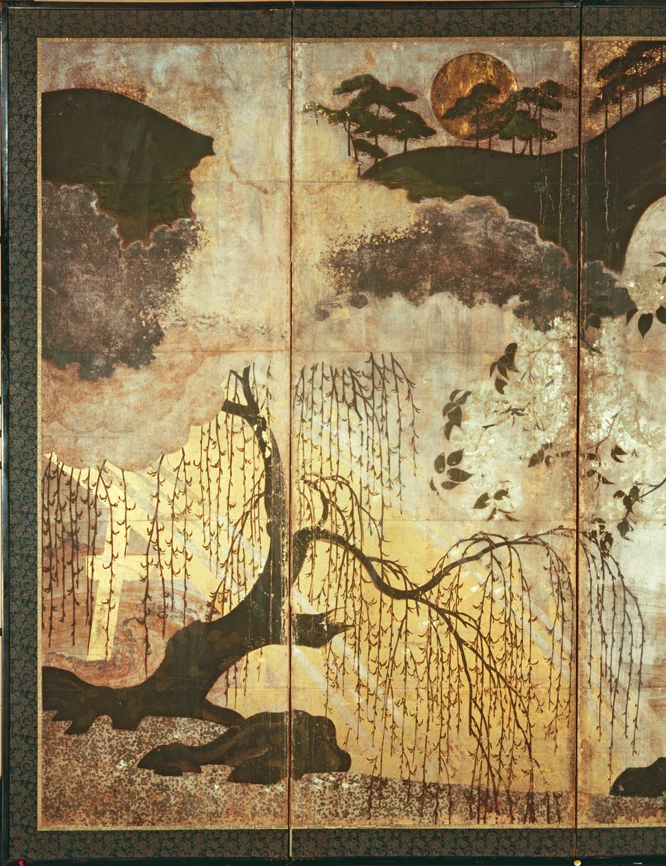 Güneşli Manzara (panelde kalem ve mürekkep, renk, altın kağıt) (bkz. 216577, 216578) by Japanese School