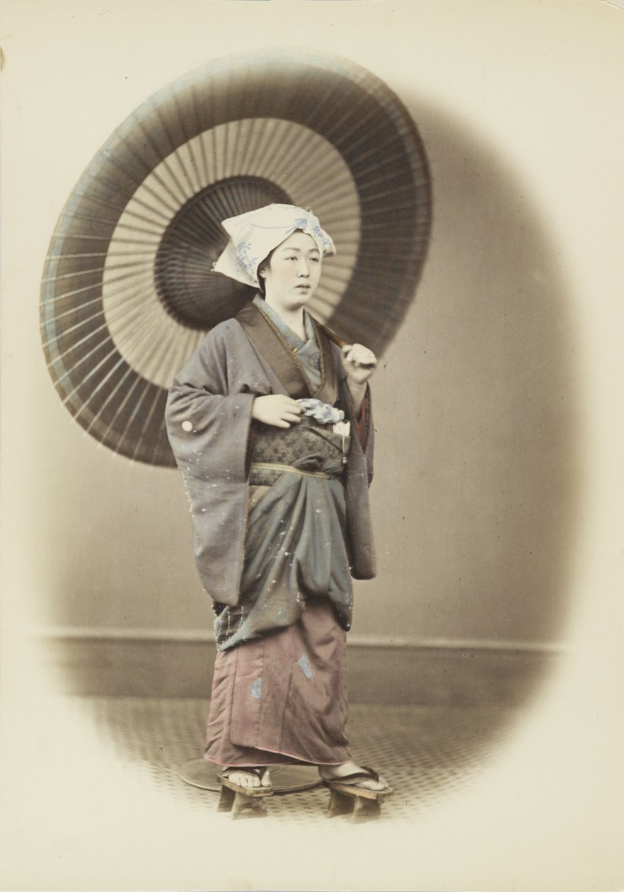 Şemsiyeli Japon kadın (el boyaması s/b fotoğraf) by Japanese Photographer