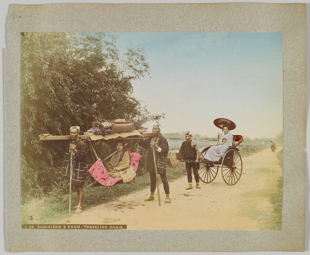 Jinrikisha & Kago, Gezici Sandalye, Japonya (el ile boyanmış s/b fotoğraf) by Japanese Photographer