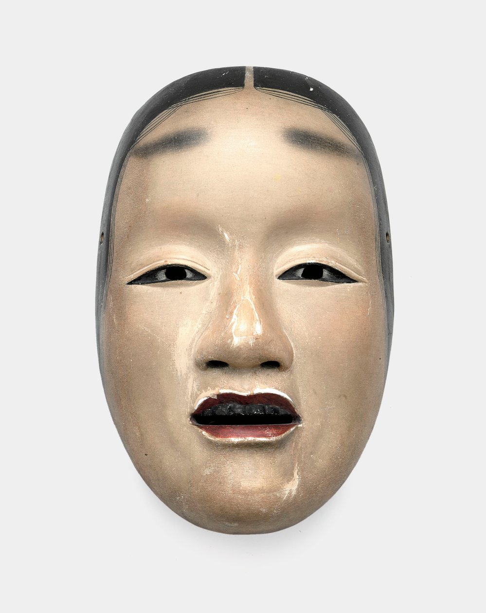 Saç, gözler ve dişler için sumi ve dudaklar için kırmızı ile boyanmış gofun zeminli ahşap bir maske by Japanese School