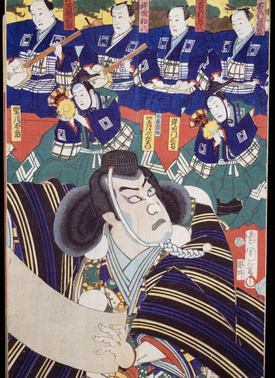 Aktörler, anlatıcılar ve shamisen oyuncuları, Kabuki tiyatro sahnesi by Japanese School
