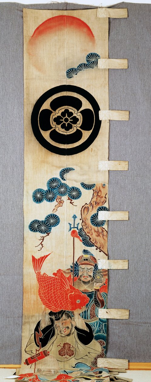 Afiş (nobori), Yedi Tanrı Tanrısı motiflerinin detayı, aile armaları, daire içinde çiçek, pamuk, Pirinç nişastası ile yedekte boyanmış, pigmentler, mürekkep, kimyasallar, mürekkep, Japon uygarlığı, Meiji-Taisho dönemi, 20. yüzyıl by Japanese School