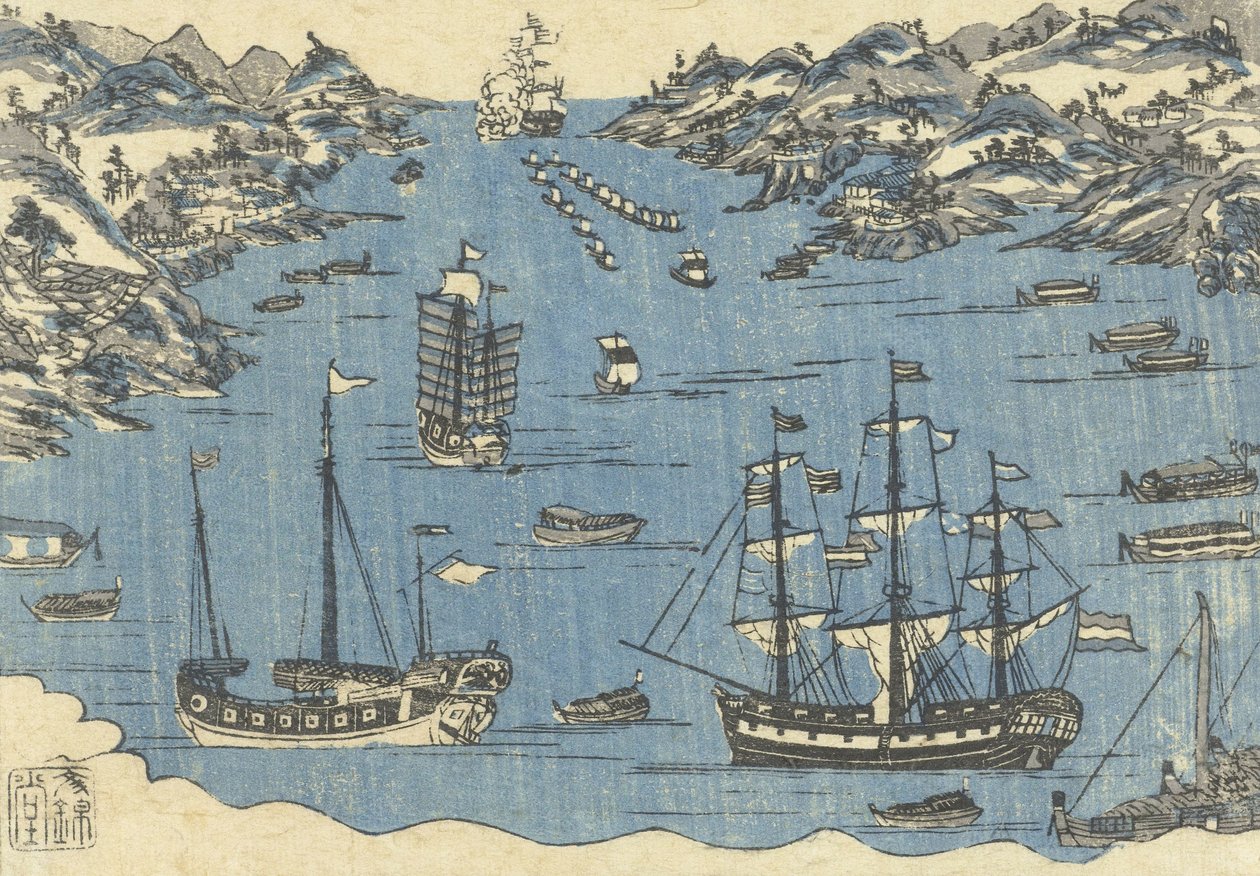 Nagazaki limanındaki yabancı gemilerin Bunkindo baskısı, 1800-50 by Japanese School