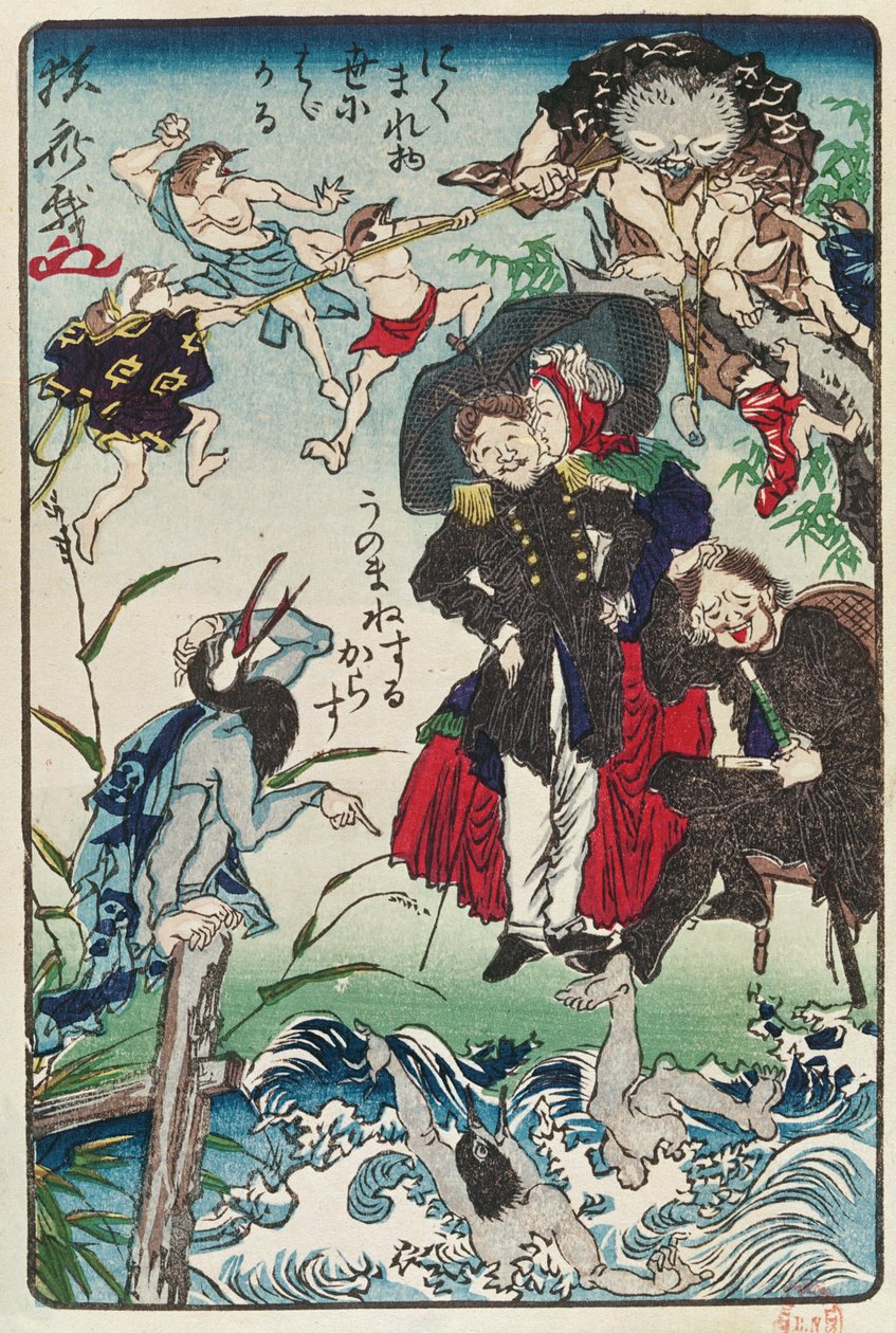 Batı kıyafetleri giyen Japonların karikatürü, 1870 dolayları (renkli tahta baskı) by Japanese School