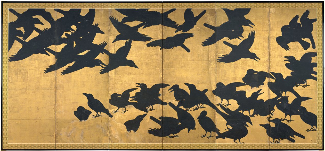 Kargalar, 17. yüzyılın başları (Altı panelli ekran çifti; kağıt üzerinde mürekkep ve altın) by Japanese School