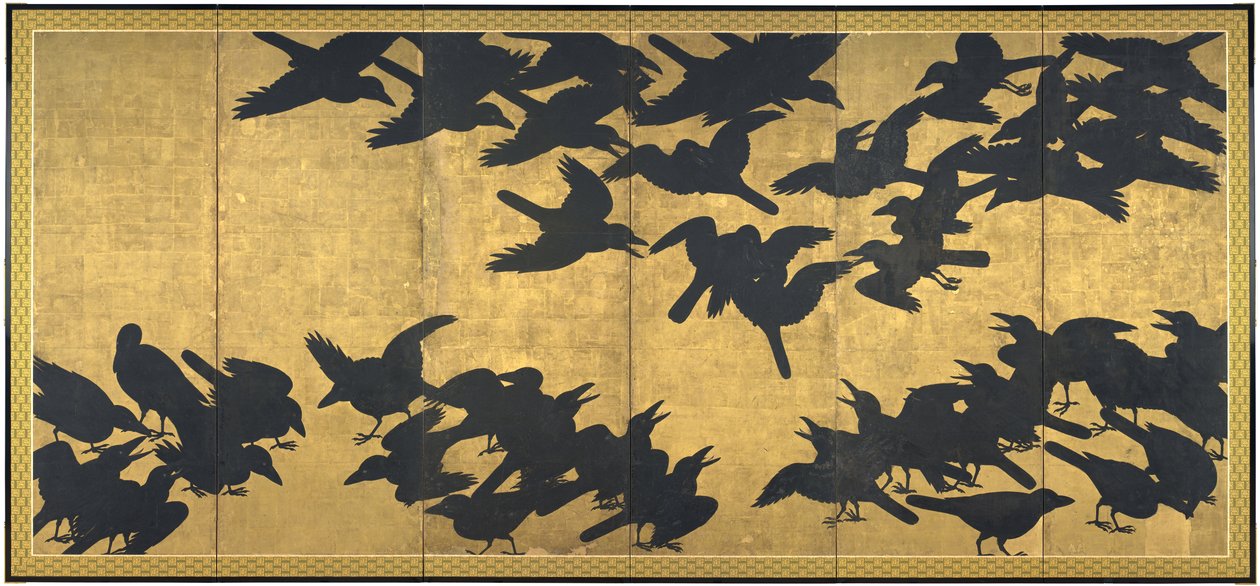 Kargalar, 17. yüzyılın başları (Altı panelli ekran çifti; üzerlerinde mürekkep ve altın kağıt) by Japanese School