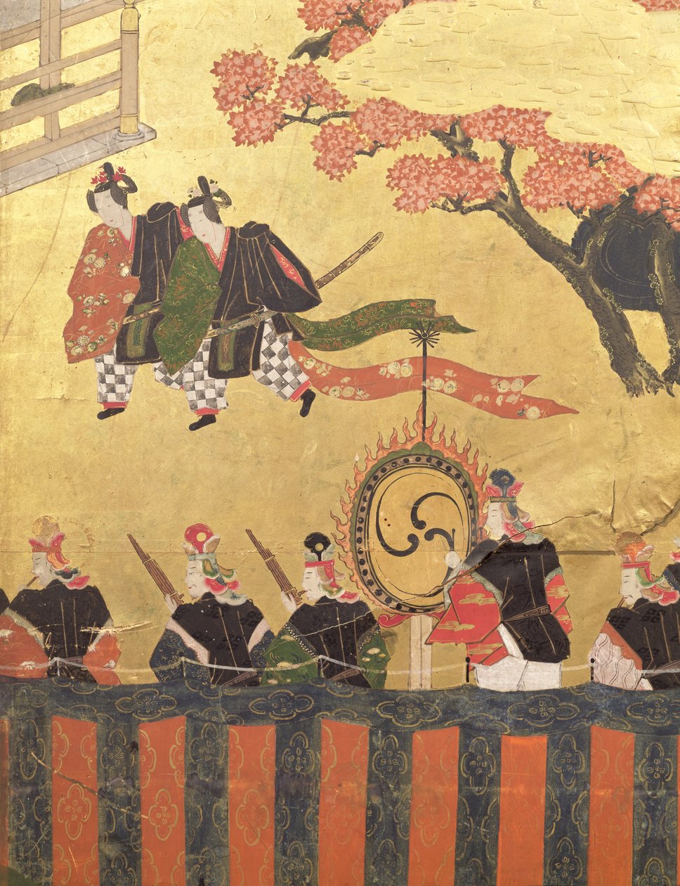 Kazaritachi ve askerler giyen iki saraylıyı gösteren dört yapraklı bir ekrandan detay, Tosa Okulu, Edo Dönemi (kağıt üzerinde renkler, mürekkep, gofun ve altın) by Japanese School