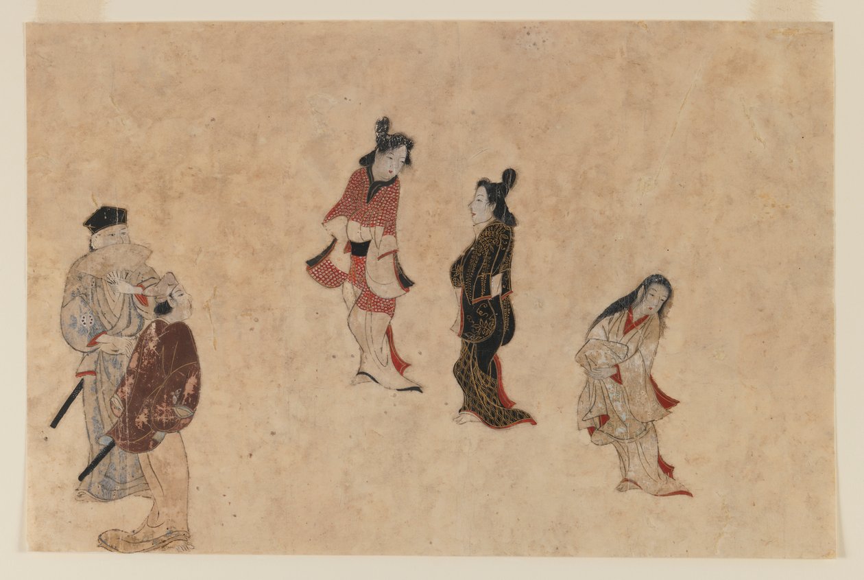 Erken Ukiyo-e boyama (kağıt üzerinde mürekkep, renk ve altın) by Japanese School