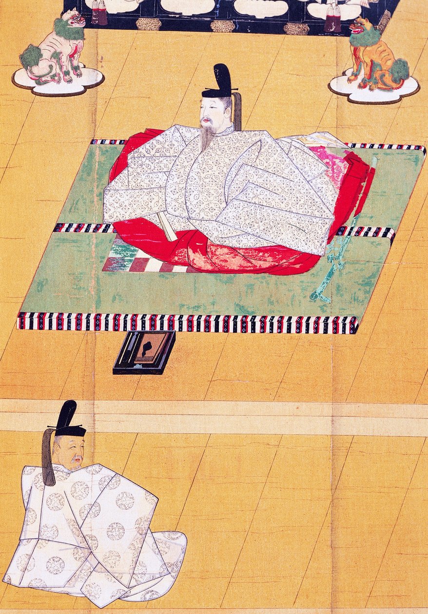 İmparator Go-Daigo ve Bakan Fujifusa, gravür, Kamakura Dönemi (1185-1333), Japon uygarlığı by Japanese School