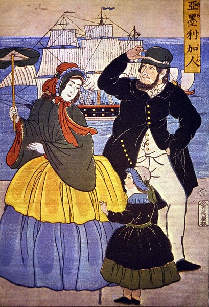 1861 yılında bir Japon sanatçı tarafından boyanmış Yokohama liman cephesindeki Avrupalı aile by Japanese School