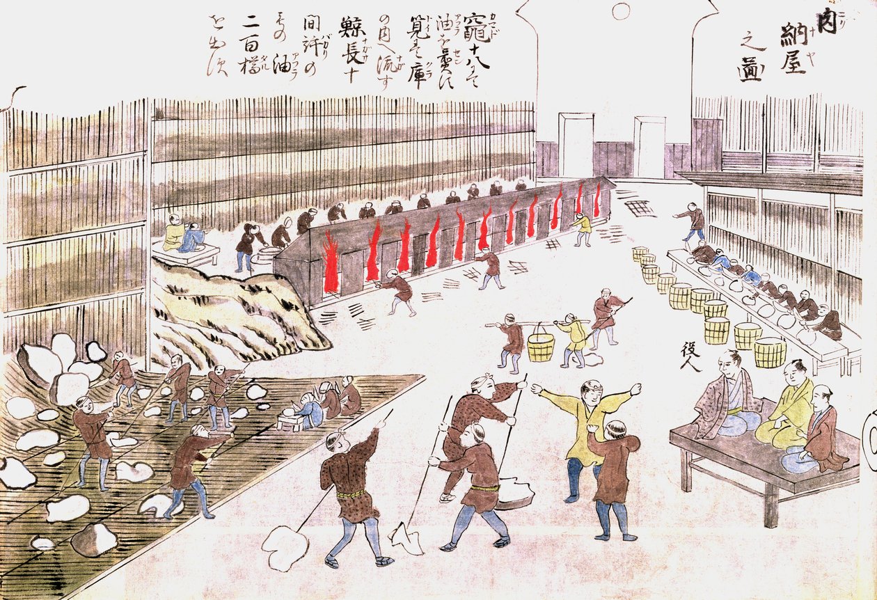 19. yüzyılın sonlarında balina ürünlerinin hazırlanması için fabrika (renkli gravür) by Japanese School