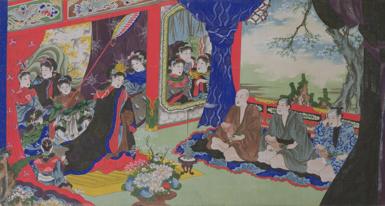 Kadınların yaşadığı bir adada batan balıkçıların erotik hikayesinden İmparatoriçe ve Sarayına Penislerini Gösteren Balıkçılar (el boyaması gravür) by Japanese School