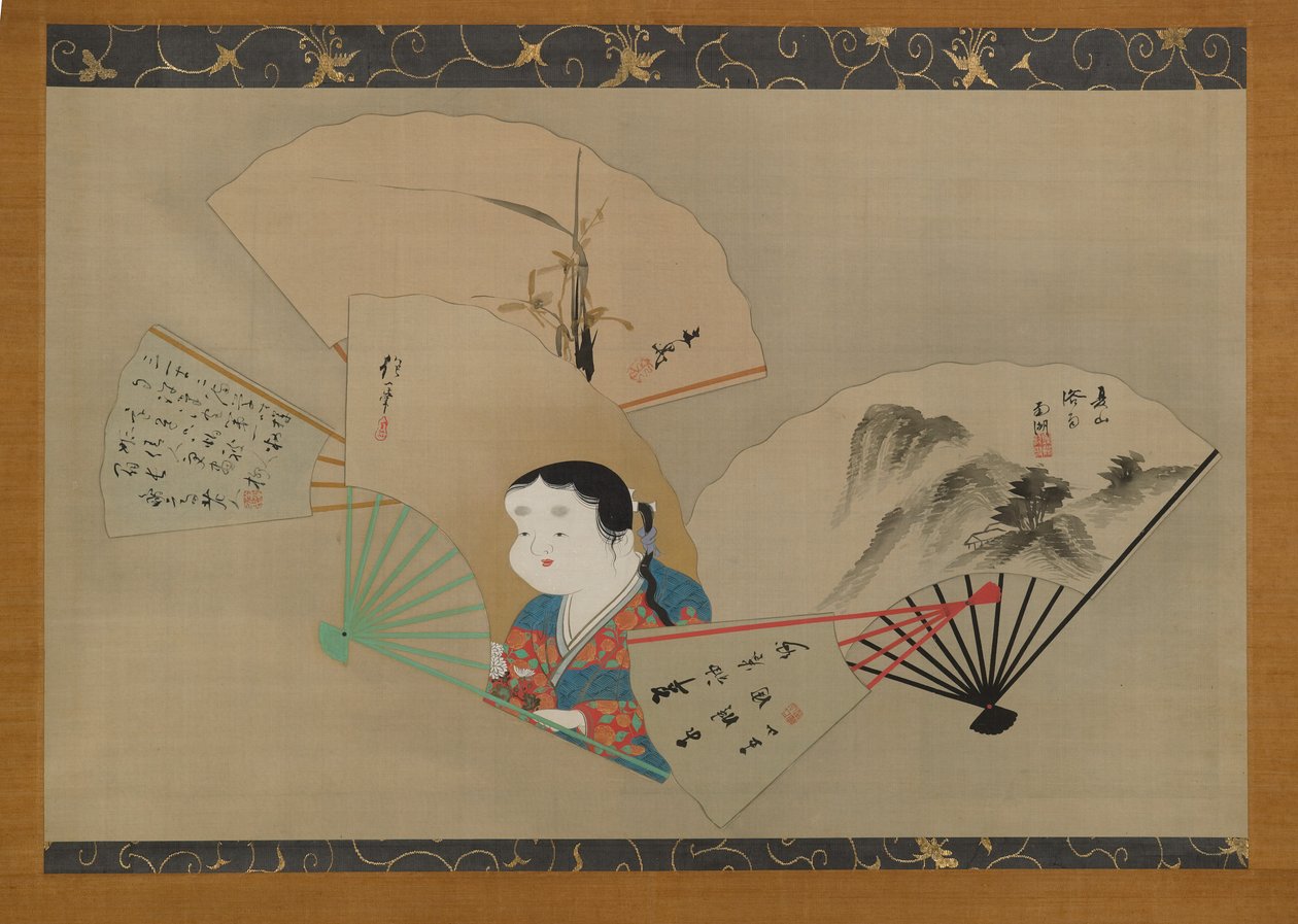 Five Fans, Sakai Hoitsu (1761-1828), Tani Buncho (1763-1840), Haruki Nanko (1759-1839), Kameda Bosai (1752-1826) ve Kikuchi Gozan (1772-1855), c.1820s (asılı parşömen) ), mürekkep, gofun ve ipek üzerine altın) by Japanese School