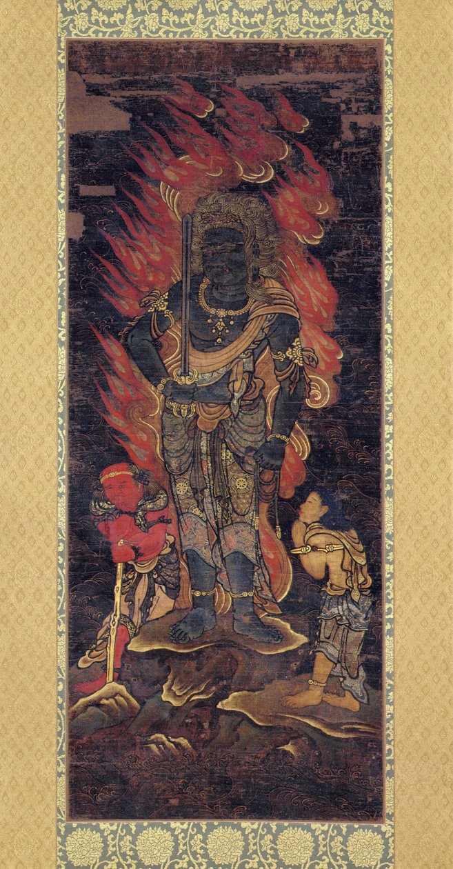 Fudo Myoo ve İki Görevli (ipek üzerine mürekkep ve renkli) by Japanese School