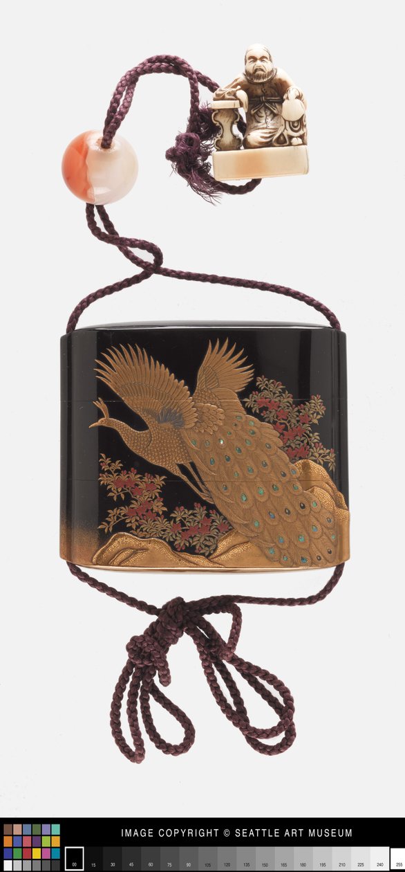 Inro, tavus kuşu, ojime ve netsuke by Japanese School