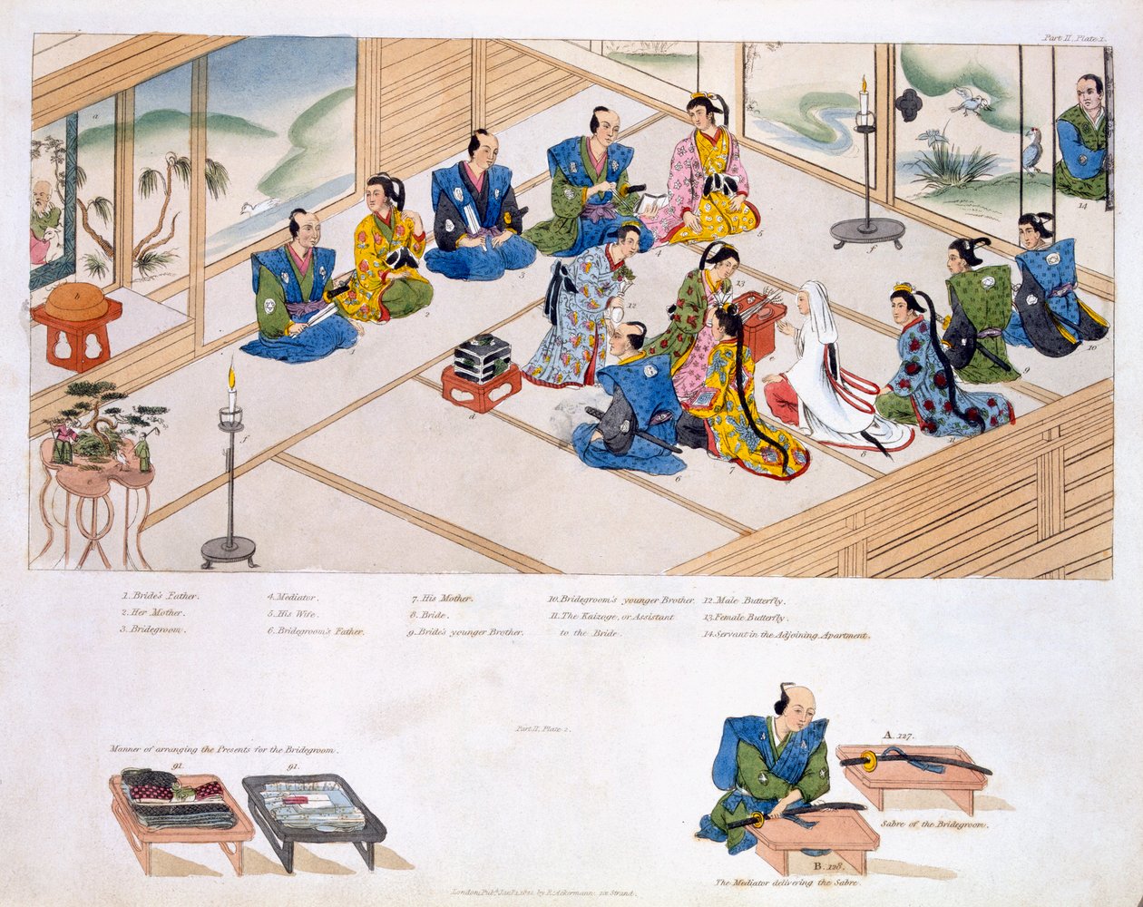 Japon Evliliği: iki aile arabulucu, pub ile buluşuyor. 1824. by Japanese School