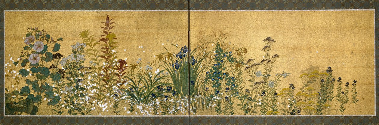 Japon sanatı: çiçeklerle süslenmiş ekran panelleri. Rimpa ekolünün üslubu (1596-1615). İpek üzerine boyama. karartmak 65x189 cm Özel koleksiyon by Japanese School