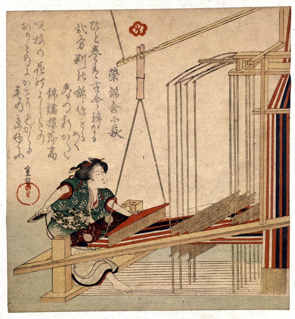 Tezgahı olan Japon kadın, 19. yüzyılın sonlarında basılmış. Genler. Müze Chiossone by Japanese School