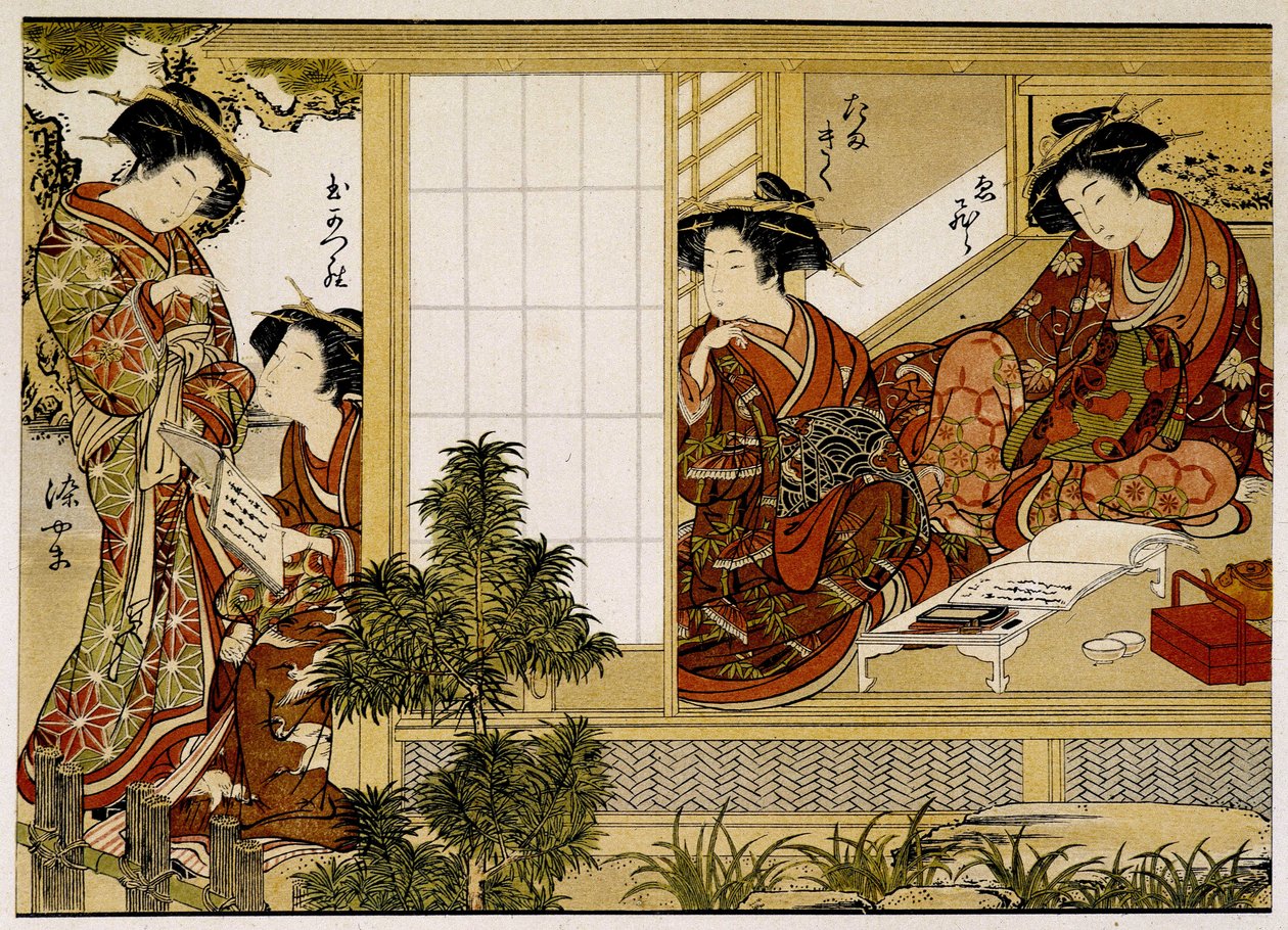 Yazan ve okuyan Japon kadınları. 18. yüzyıl baskısı. by Japanese School