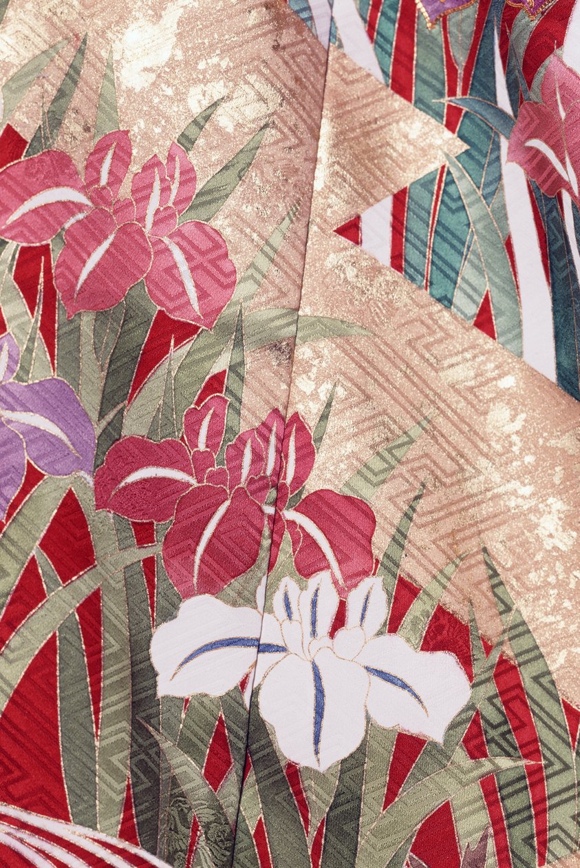 Evlenmemiş genç kadınların zarif davetlerde giydiği Kimono Furisode (kolları kabaran) ve Maiko (çırak Geyşa), Pürüzsüz ipek, Hinpaku motifleri, iris, detay, Kaga-Yuzen boyama, Tokamachi dokuma fabrikaları, Japon uygarlığı, 20. yüzyıl by Japanese School