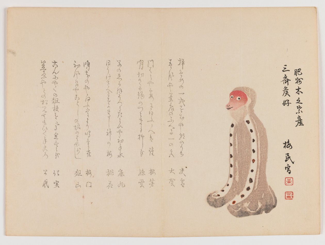 Kneeling Monkey with Red Face, 1860 dolayları (tahta baskı, yatay Chûban yoko-e formatı) by Japanese School