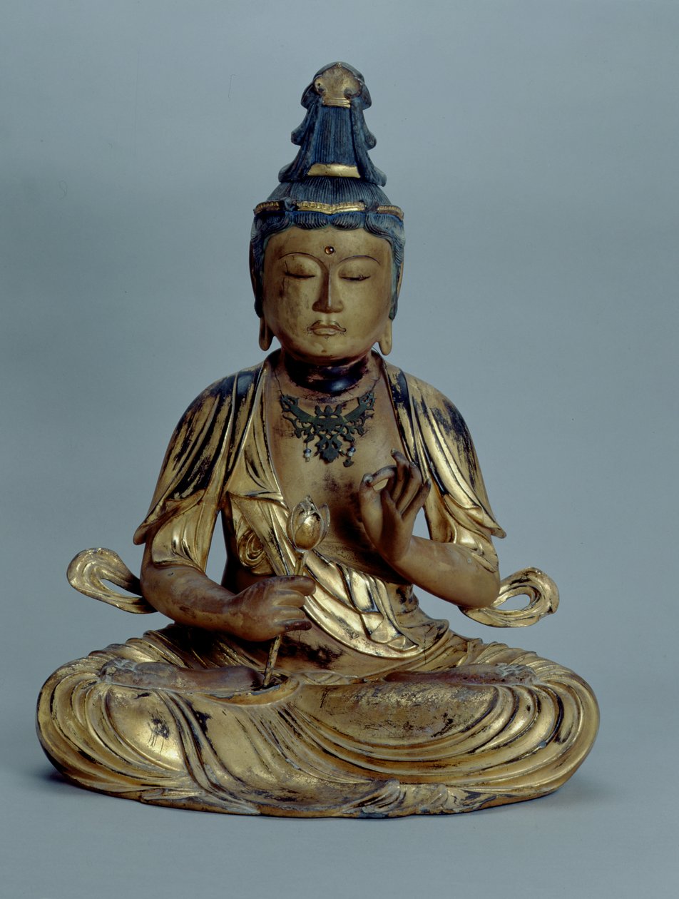 Miroku Bosatsu (yaldızlı ahşap, altın çivit, bronz ve boncuklu) by Japanese School