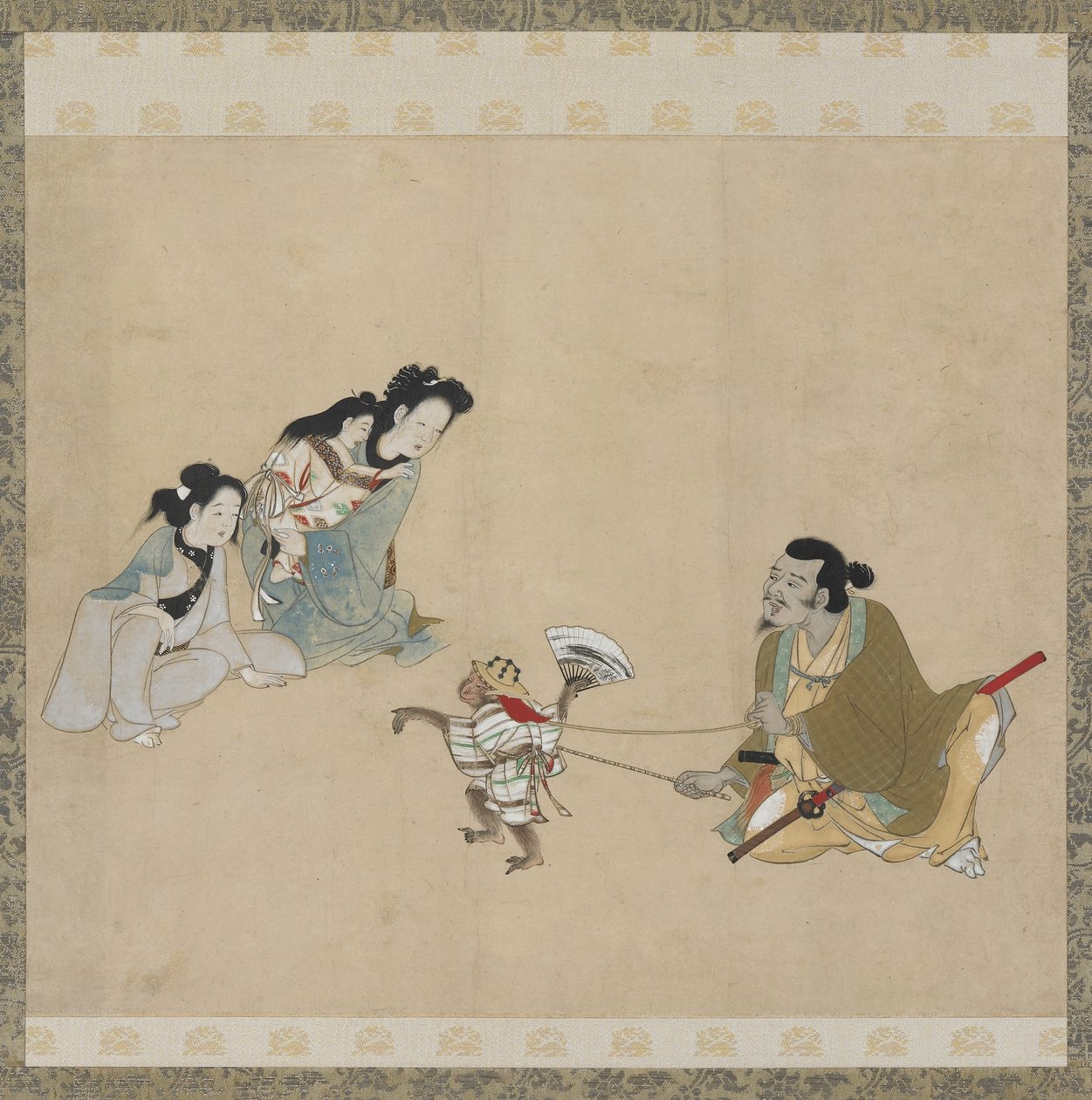 Maymun eğitmeni ve dans eden maymun, Edo dönemi (kağıt üzerinde mürekkep, renk ve altın) by Japanese School