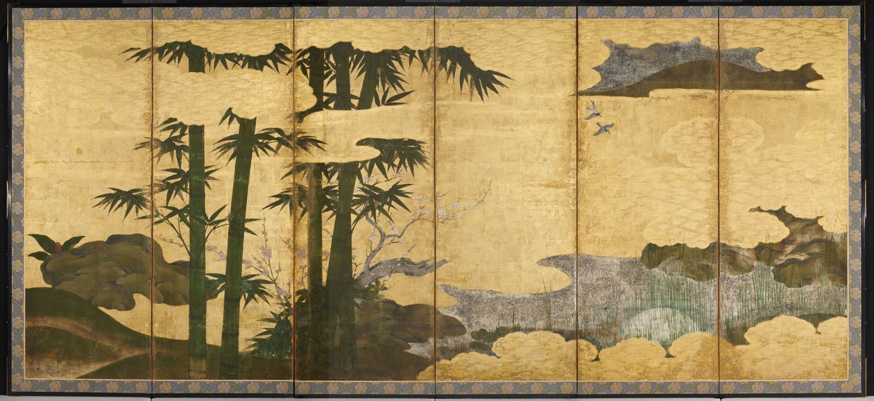 Mehtaplı Bambu Korusu, 16. yüzyılın başları (Altı panelli ekran çifti; mürekkep, renk ve altın kağıtta) by Japanese School