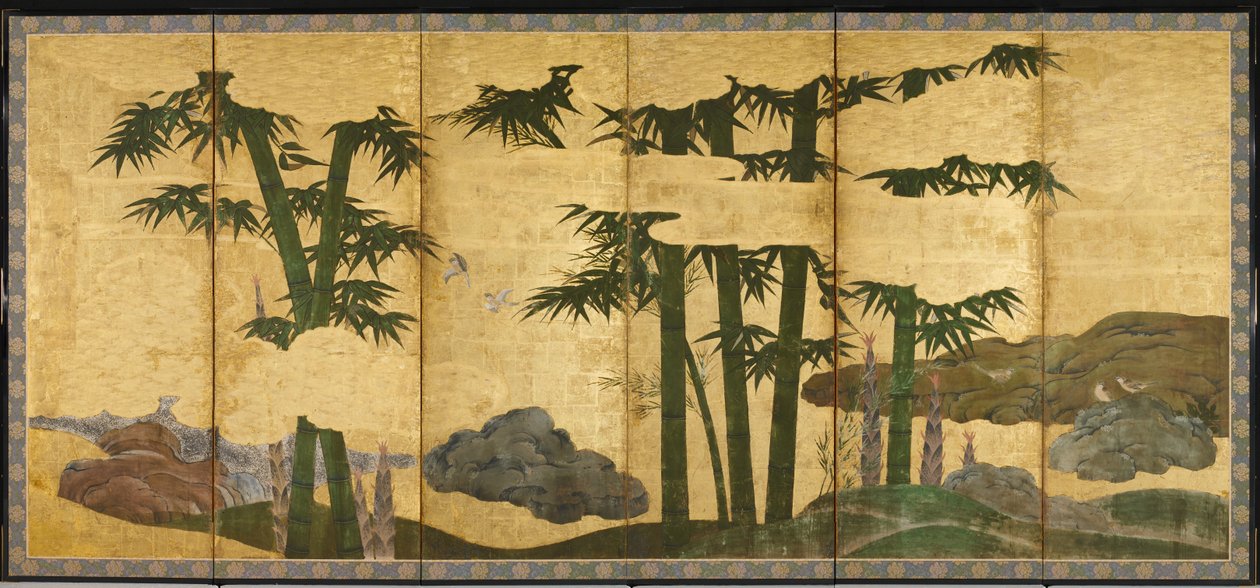Mehtaplı Bambu Korusu, 16. yüzyılın başları (Altı panelli ekran çifti; mürekkep, renk ve altın kağıtta) by Japanese School