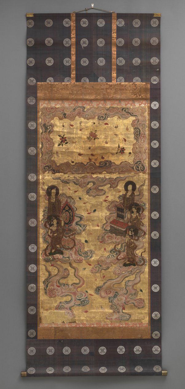 Duvar resmi: Yirmi beş iniş bodhisattvalar (Amitabha üçlüsünün görevlileri), 18. yüzyıl (Üç Parçalı asılı parşömenler: mürekkep, renk ve altın kağıt üzerinde yaprak, pirinç) by Japanese School