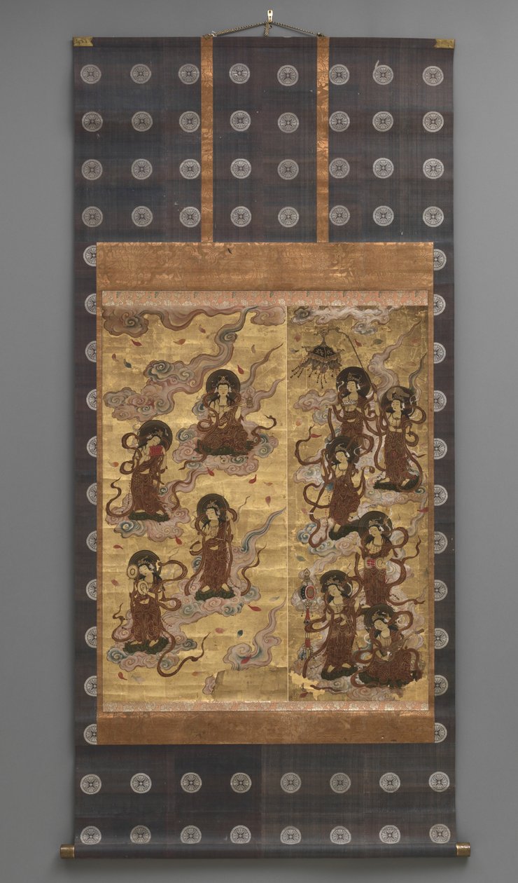 Duvar resmi: Yirmi beş iniş bodhisattvalar (Amitabha üçlüsünün görevlileri), 18. yüzyıl (Üç Parçalı asılı parşömenler: mürekkep, renk ve altın kağıt üzerinde yaprak, pirinç) by Japanese School