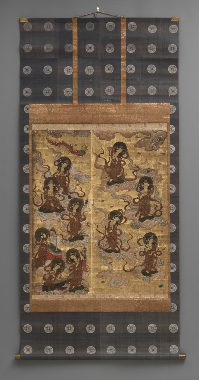 Duvar resmi: Yirmi beş iniş bodhisattvalar (Amitabha üçlüsünün görevlileri), 18. yüzyıl (Üç Parçalı asılı parşömenler: mürekkep, renk ve altın kağıt üzerinde yaprak, pirinç) by Japanese School