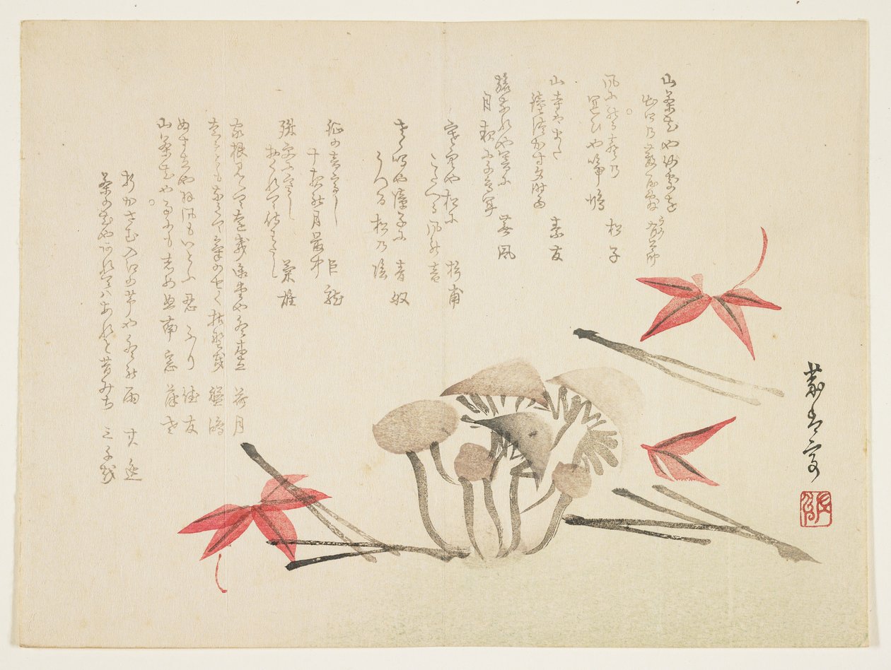 Mantar, akçaağaç yaprağı ve çam iğneleri (renkli tahta baskı) by Japanese School