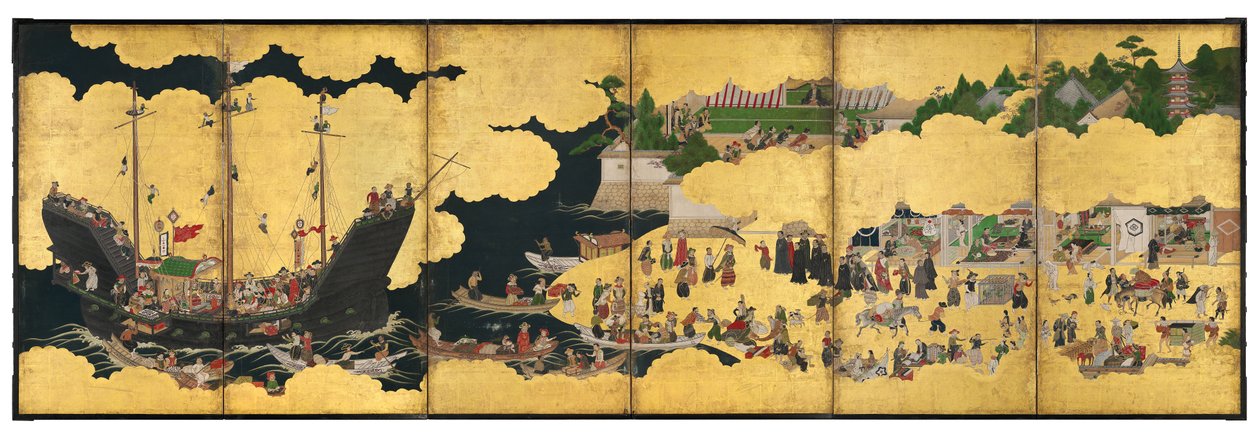 Bir Portekiz Gemisinin Ticaret İçin Gelişini Betimleyen Nanban Altı Katlı Ekran, Edo Dönemi by Japanese School