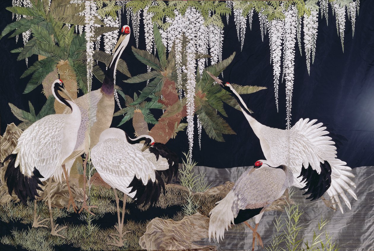 Vinçler, sikadlar ve wisteria (tekstil) ile asılı iğne işi by Japanese School