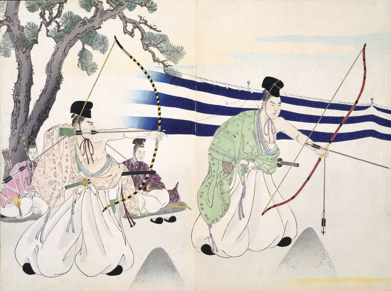 Soylular okçuluk pratiği yapıyor (ayrıntıya bakınız 255314), 19. yüzyıl, bir Gravür Albümünden, Renkli ahşap blok baskı by Japanese School