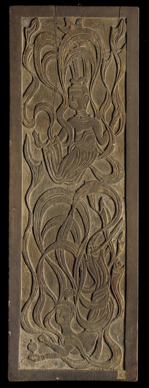 Budist apsaraların (ahşap) alçak kabartma oymalı panel by Japanese School