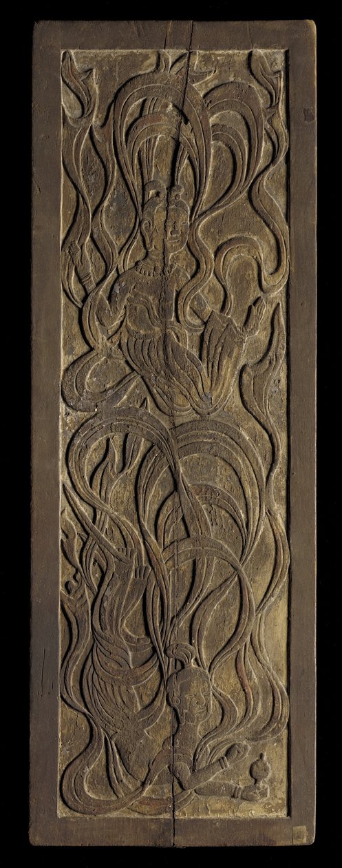 Budist apsaraların (ahşap) alçak kabartma oymalı panel by Japanese School