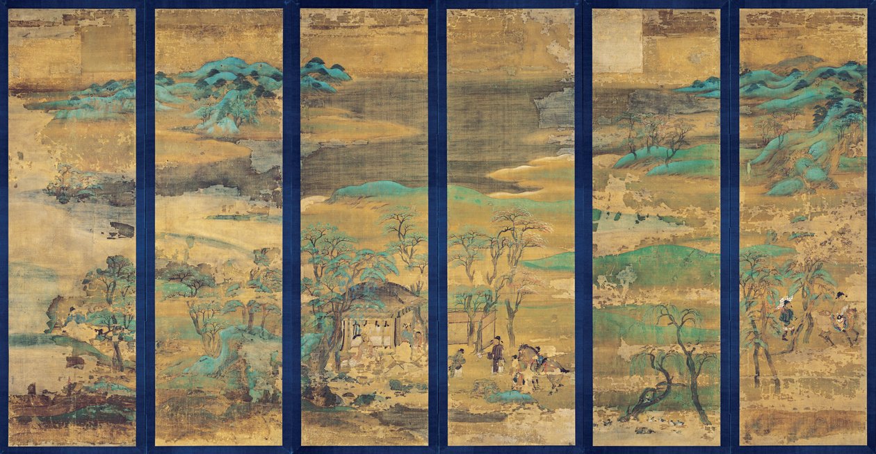 Altı panelde Paysage (Manzara) Ekranı - Anonim çalışma, ipek üzerine guaj by Japanese School