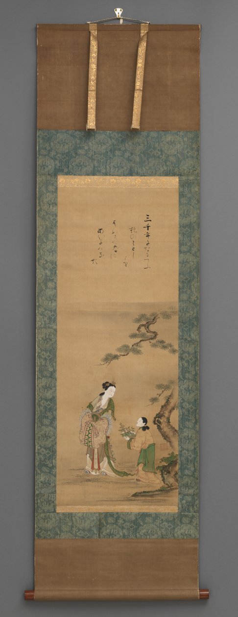 Şeftali Anne ve Refakatçisi, Çam Ağacından, 19. yüzyılın başları (ahşap düğmeli sulu boya) by Japanese School