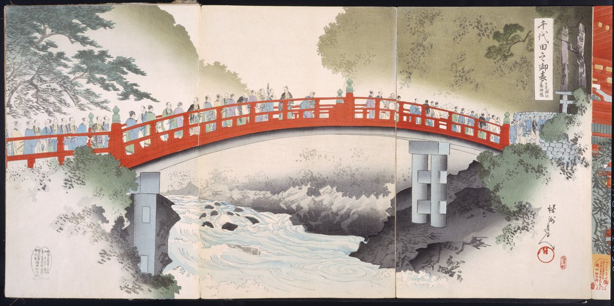 19. yüzyıldan kalma bir Woodcuts Albümünden (Renkli Ahşap Blok Baskı) bir nehir boyunca tapınağa giden geçit by Japanese School