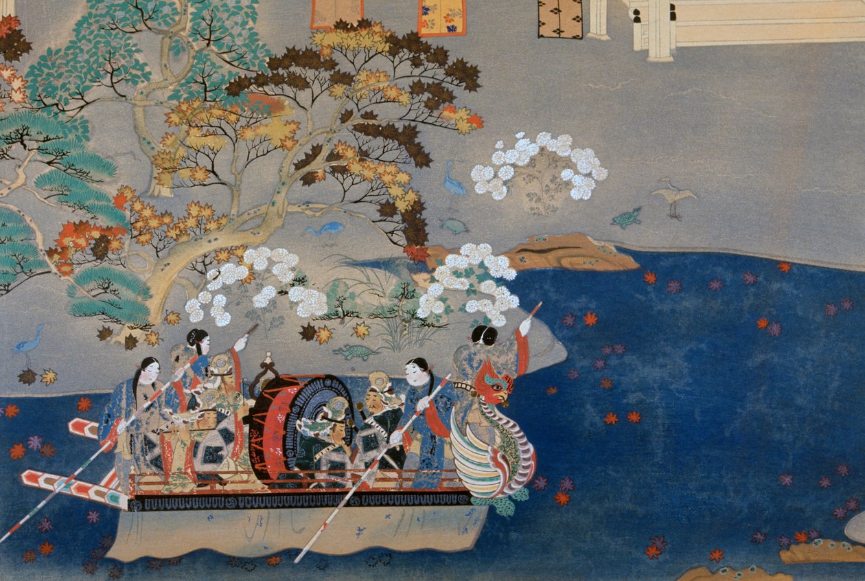 Kürekli tekne, Eiga Monogatari (İhtişamın Öyküsü) için çizim, Akazome Emon (yaklaşık 956-1041). Japonya by Japanese School