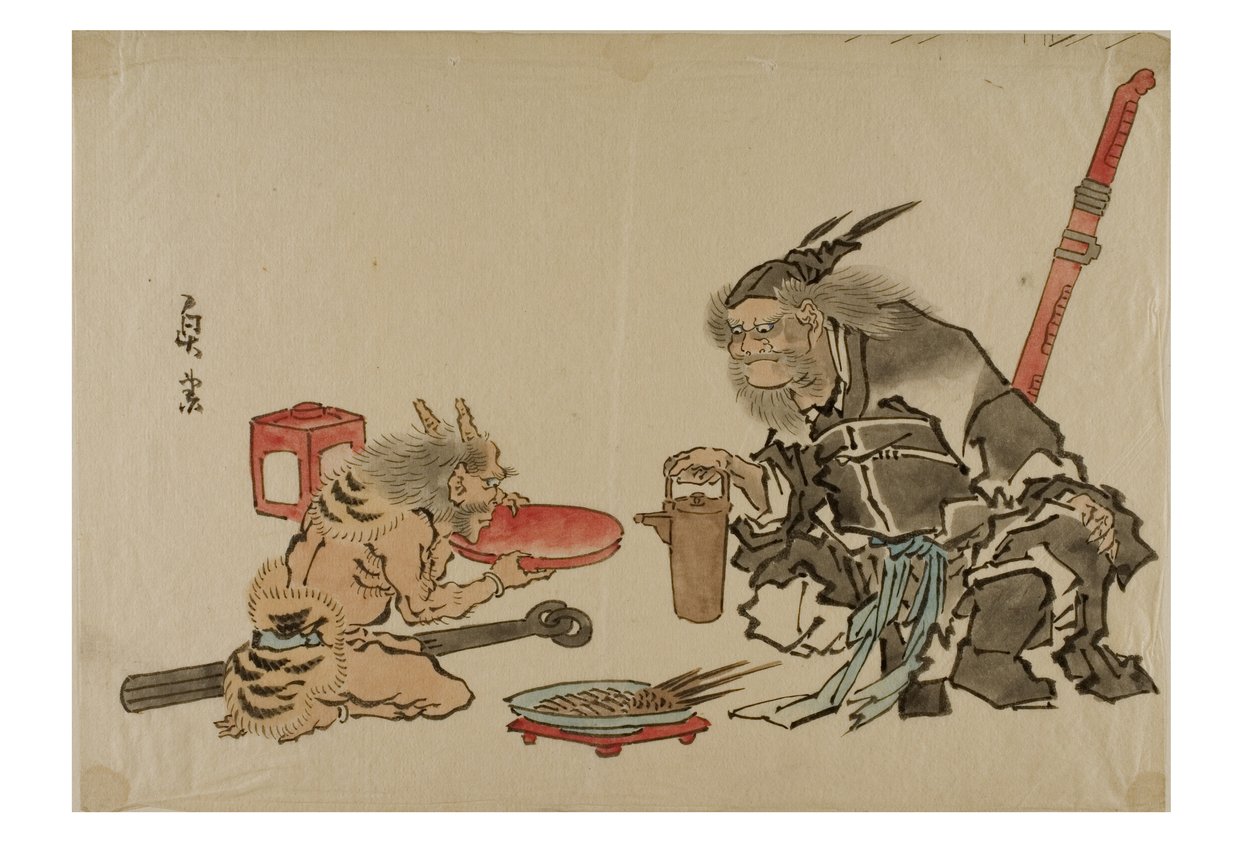 Shoki bir iblise hizmet ediyor, c.1895-1905 (kağıt üzerine mürekkep) by Japanese School