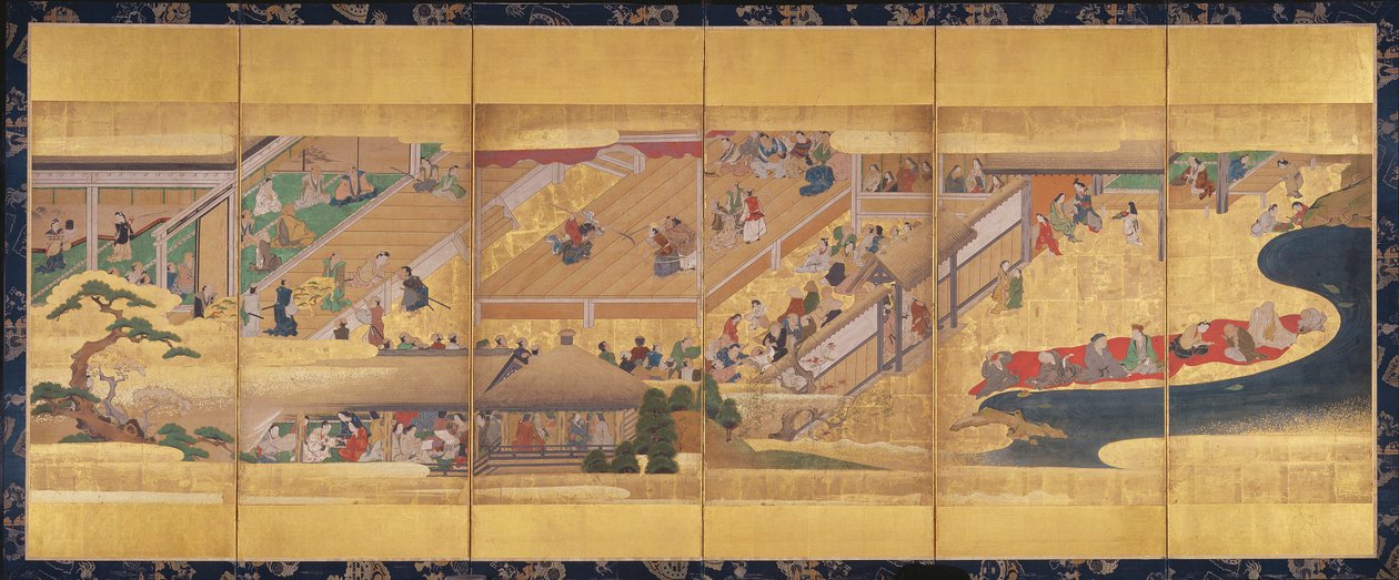 Noh Play Funa-Benkei ile altı katlı ekran, yaklaşık 1660 (renkli, eğlenceli, mürekkep ve kağıt üzerinde altın) by Japanese School