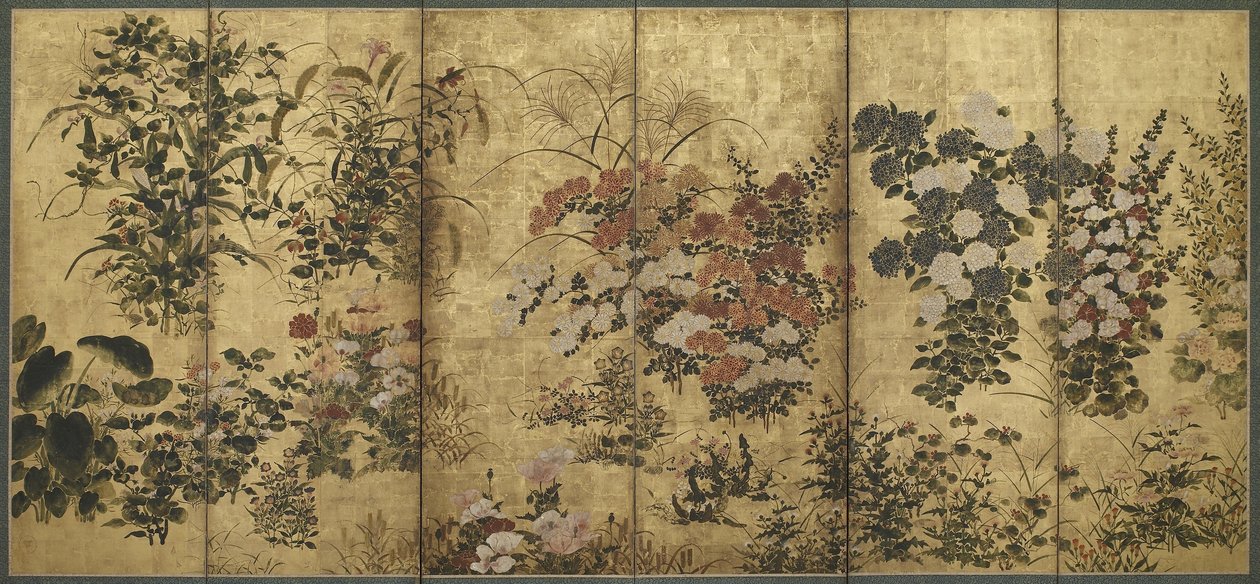 Yaz ve sonbahar çiçekleri, Edo dönemi, 1615-68 (altın kağıt üzerine renkli) by Japanese School