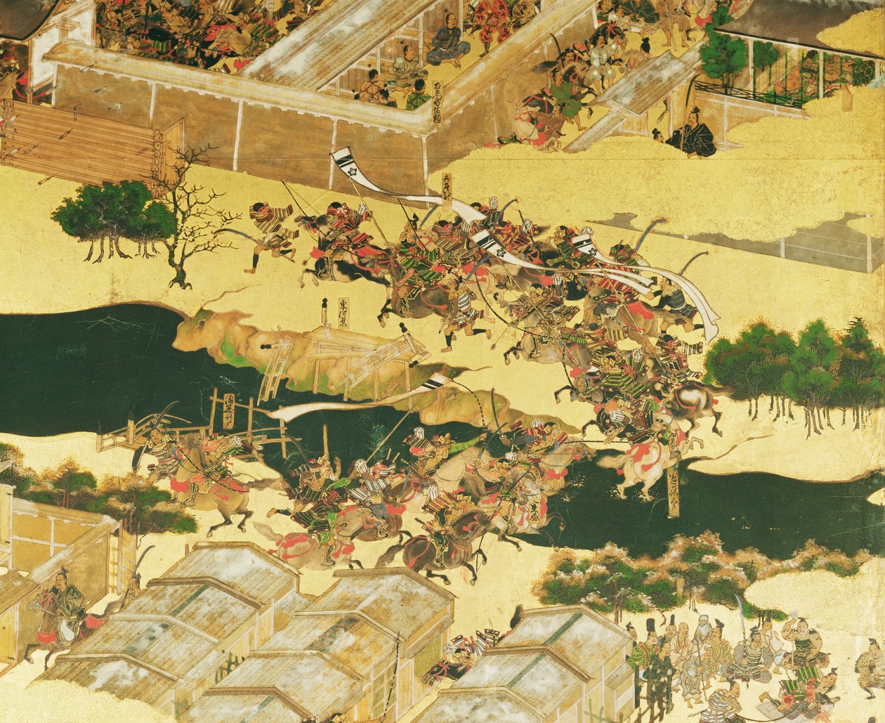 The Battle of Hogen from a screen, Momayama Period (1568-1600) (pen und ink, colour and gold laid on panel) (detail) by Japanese School