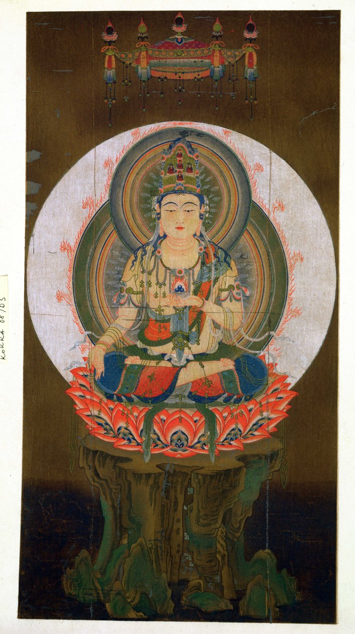 Sol elinde Cintamani (dilek veren) Mücevheri tutan ve bir lotus üzerine oturan Bodhisattva Akashagarba, Daigo tapınağından 9. yüzyıla ait bir kakemonodan sonra, Th. by Japanese School