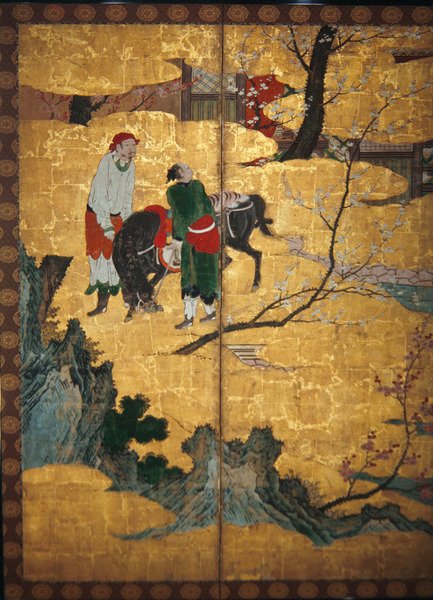 ಶಾಂಗ್ ಪರ್ವತದ ನಾಲ್ಕು ಋಷಿಗಳ ನ್ಯಾಯಾಲಯದ ಭೇಟಿ; ಸು ಶಿಸ್ ವಿಂಡ್ ಮತ್ತು ವಾಟರ್ ಗುಹೆಗೆ ಭೇಟಿ ನೀಡಿ, ಆರು-ಫಲಕಗಳ ಒಂದು ಜೋಡಿ ಮಡಿಸುವ ಪರದೆಯ ವಿವರ, ಮೊಮೊಯಾಮಾ ಅವಧಿ (ಕಾಗದದ ಮೇಲೆ wc & ಚಿನ್ನ) turk by Japanese School