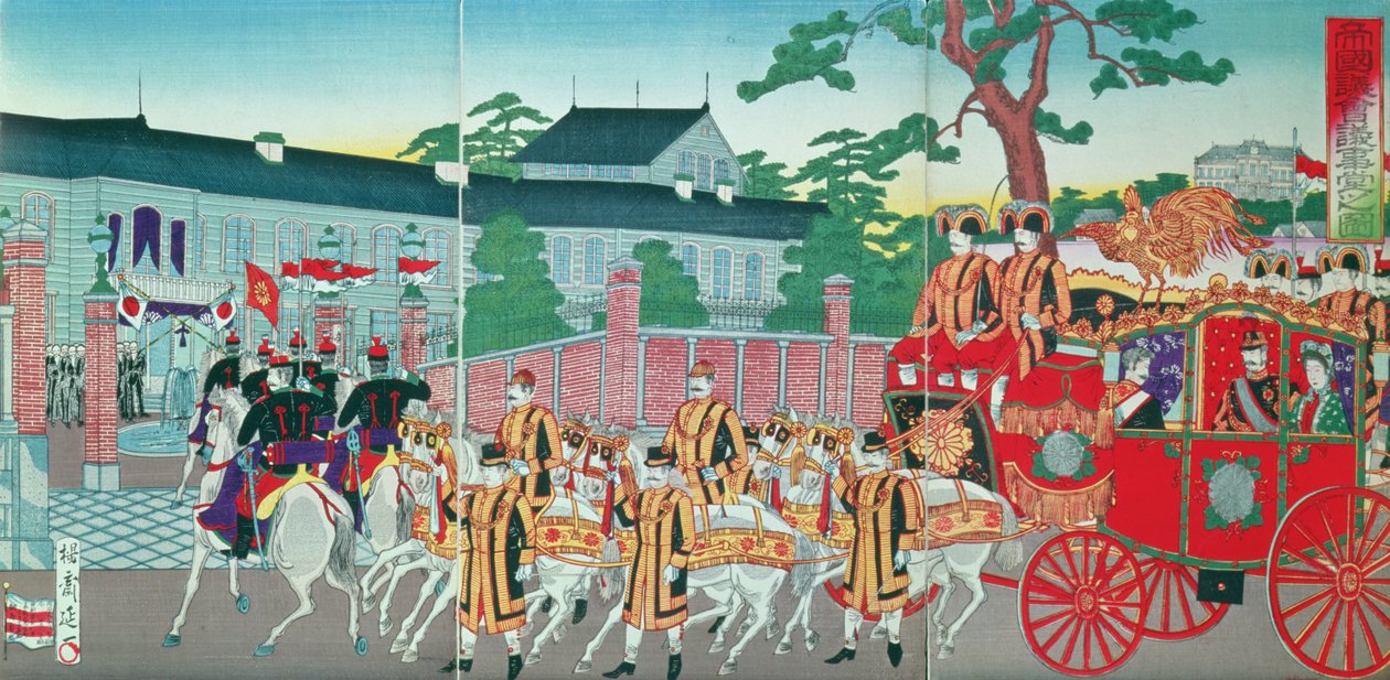 İmparator Mutsuhito (1852-1912) Tokyo'daki Sarayına Dönüş, 19. yüzyılın sonu (renkli tahta baskı) by Japanese School